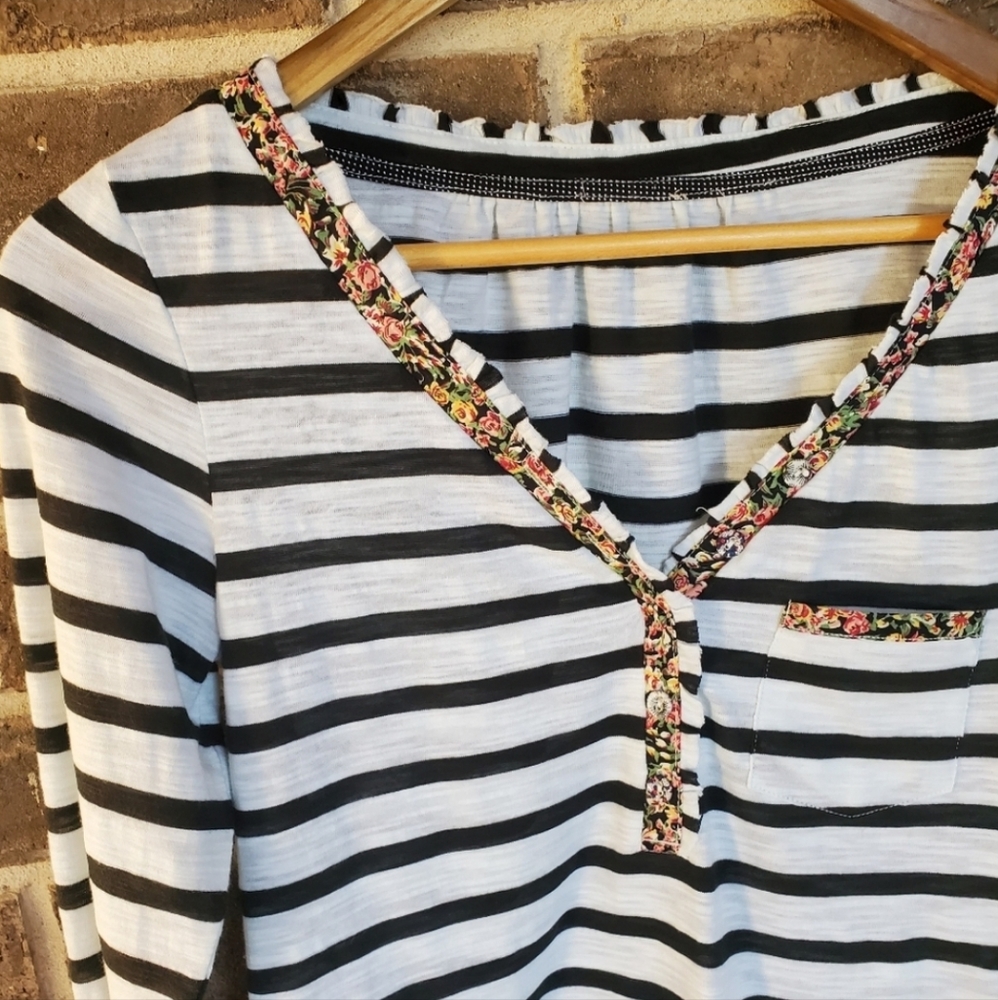 EUC Anthropologie Striped floral trim top XS